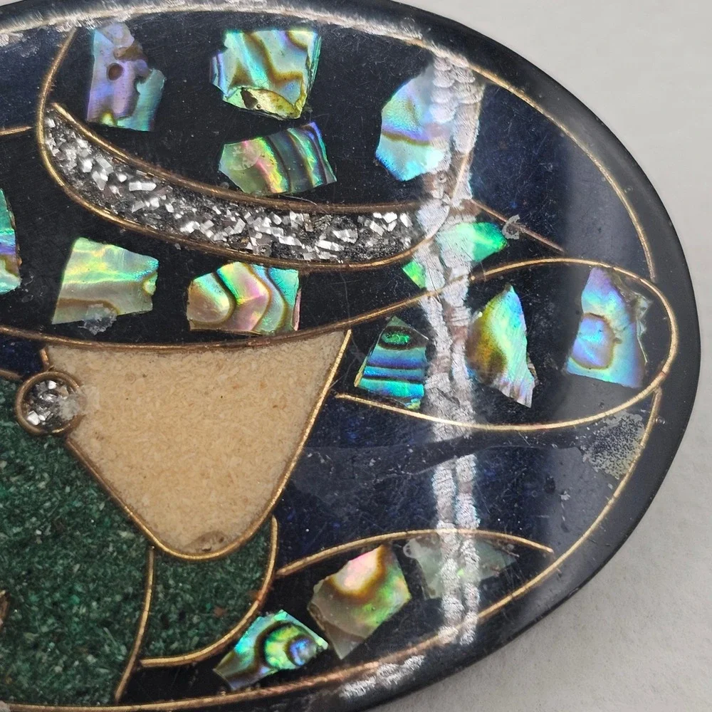 Vintage Abalone Shell Inlay Brooch Pin Set Lady in Hat Silhouette Mosaic Art